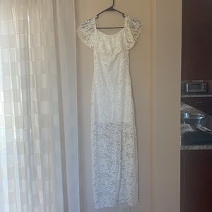Bebe White lace off the shoulder maxi